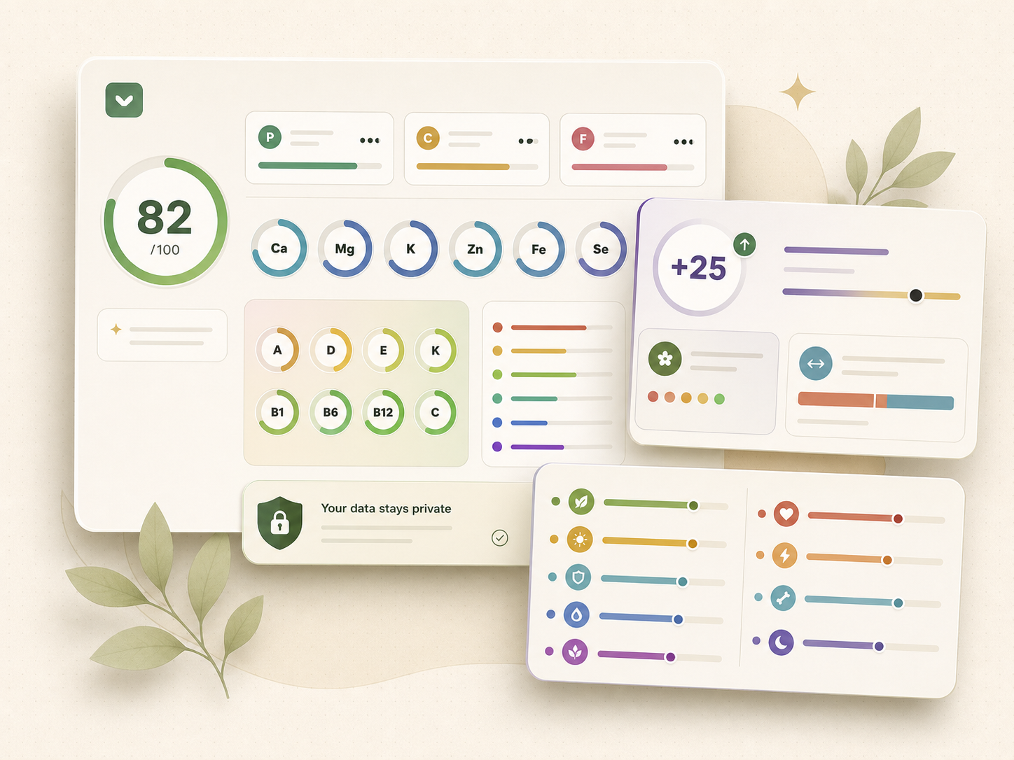 A layered pHood dashboard shows nutrition rings, macro balance, colorful nutrient signals, and a private-data shield