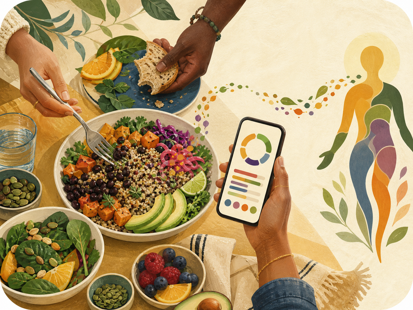 Friends enjoy a shared meal while a phone turns it into a colorful view of how the food supports the body