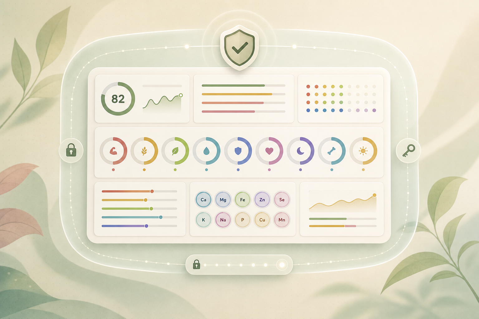 A colorful nutrition dashboard sits inside a calm protective boundary with privacy and security symbols